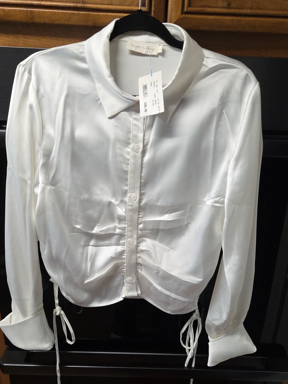 White Drawstring Satin Button-Down Blouse - Women's Top